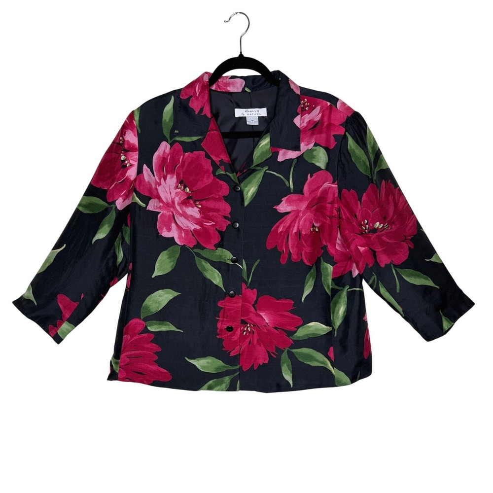 Savvy by Rafael Black Pink 100% Silk Floral Button Front Blouse 3/4 Sleeve SZ 14